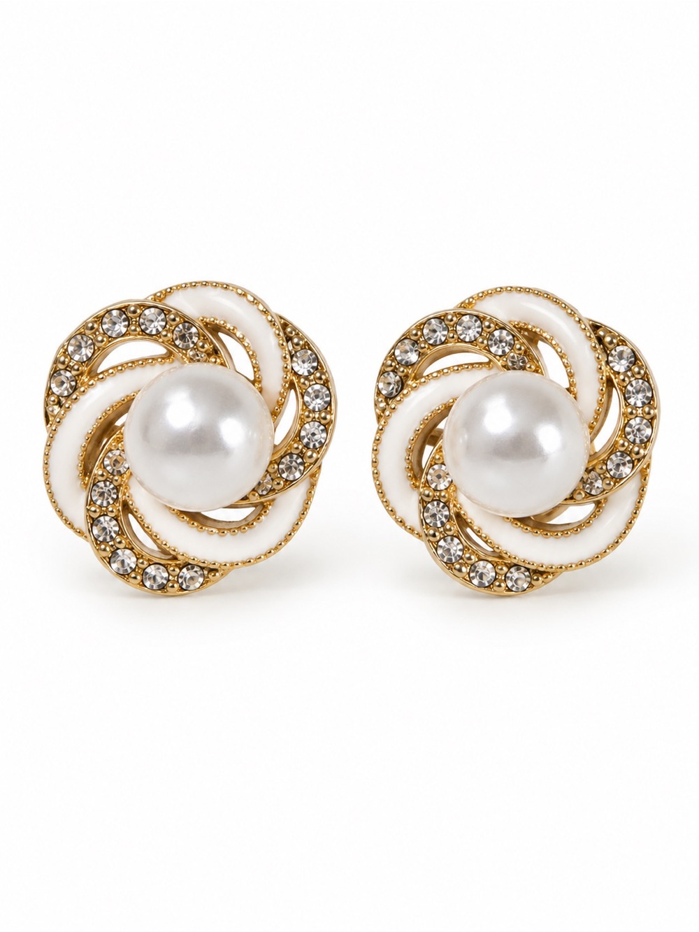Boutique Pearl Rhinestone Gold Tone Swirl Stud Earrings White Enamel
